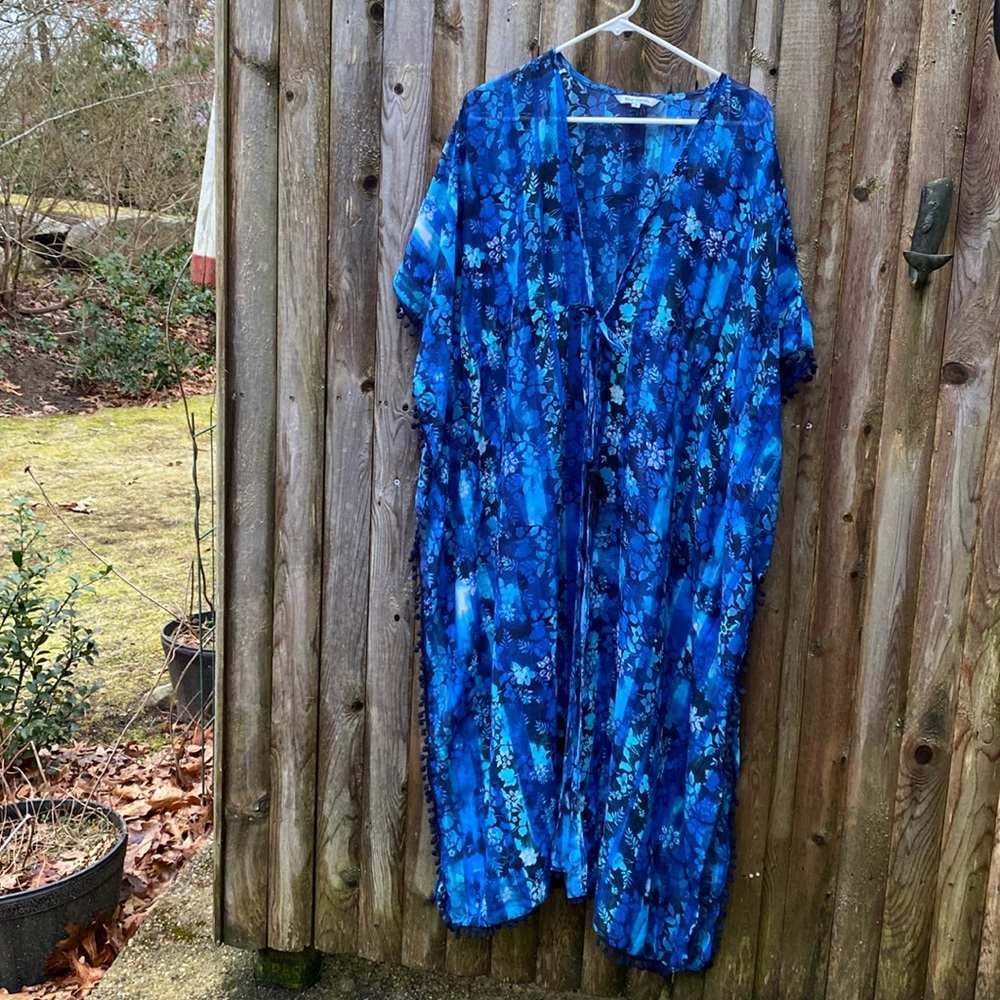 Blue Long Sheer Beach Coverup with Self Tie Front size XL